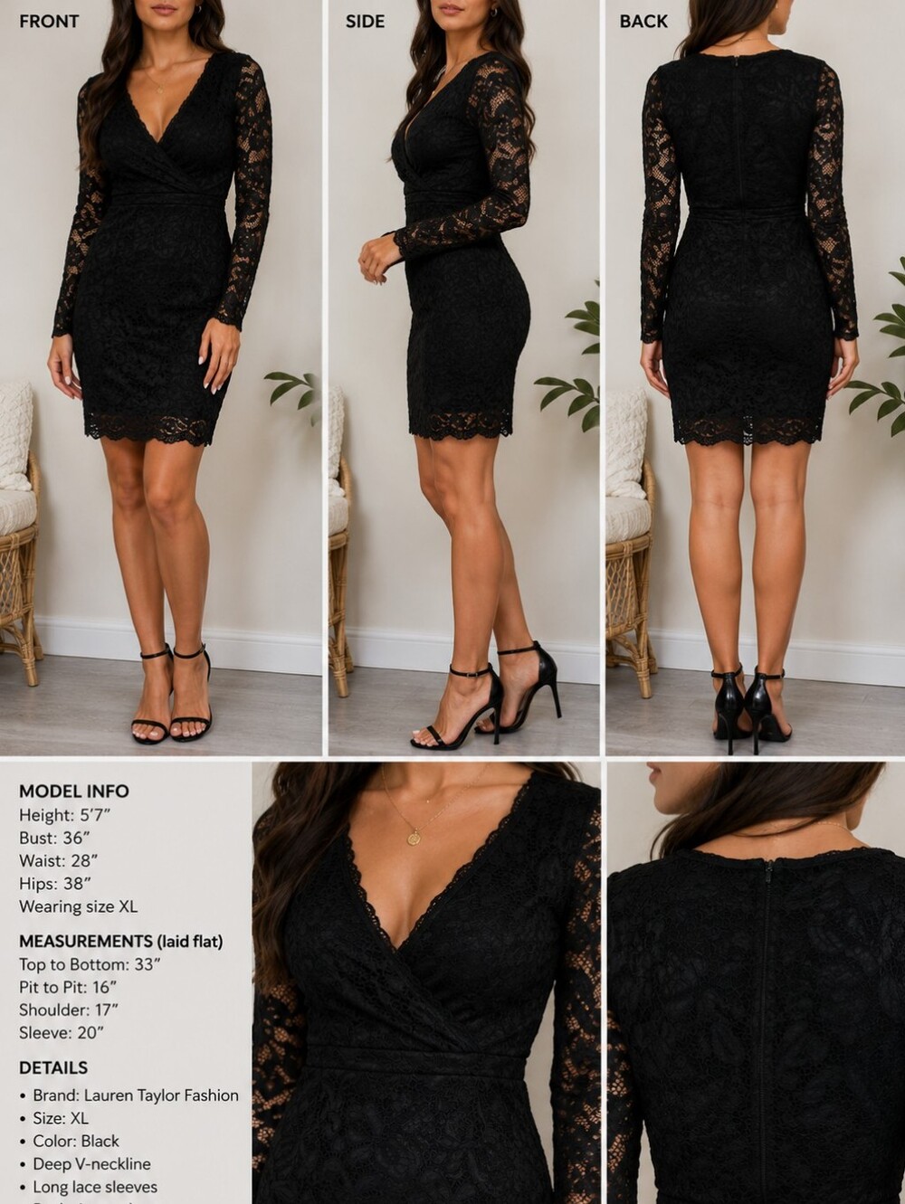 Lauren Taylor XL Black Floral Lace V-Neck Bodycon Dress